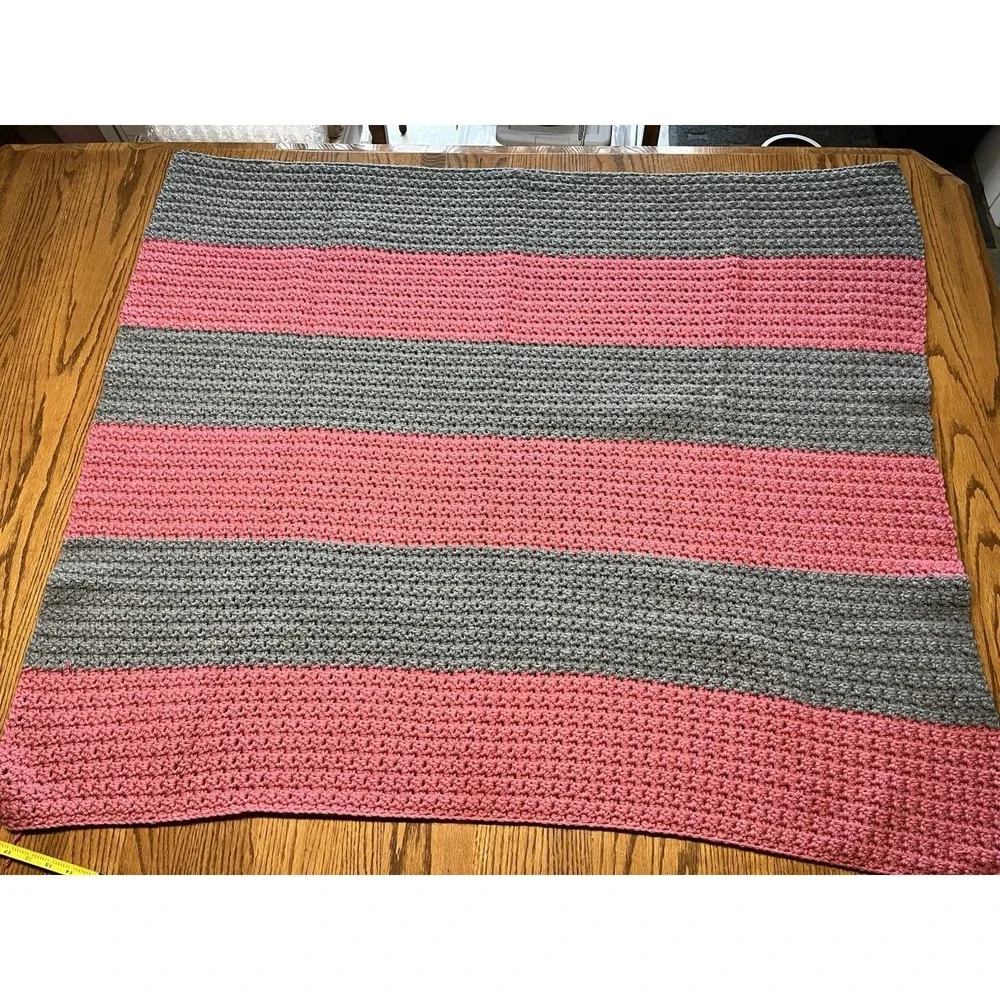 Handmade Crochet Striped Afghan Blanket Pink Gray 45x40 Cozy‎ Cottagecore